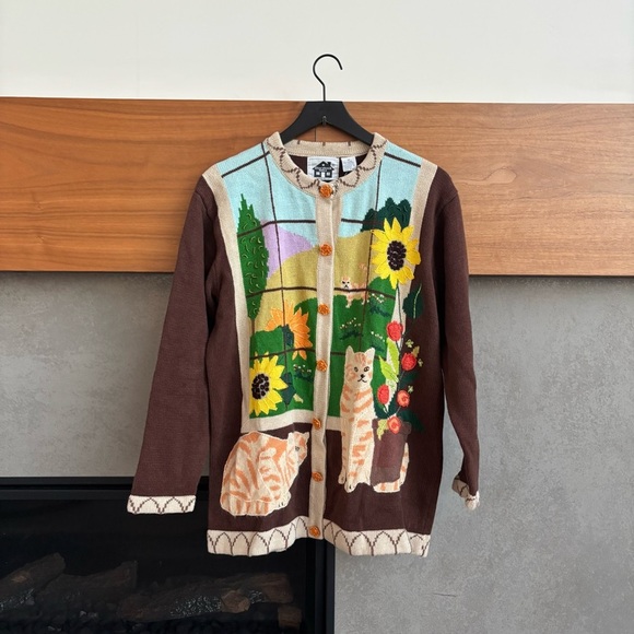 NWT Vintage Storybook Knits Cat Window Knit Sweater Cardigan Size M